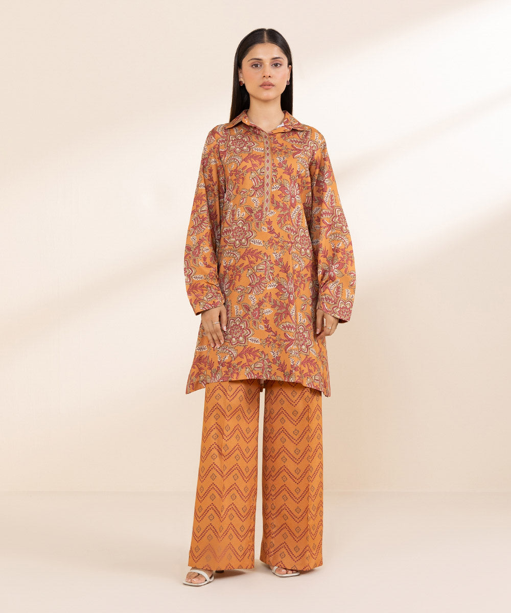 Women's Unstitched Printed Linen Orange 2 Piece Suit