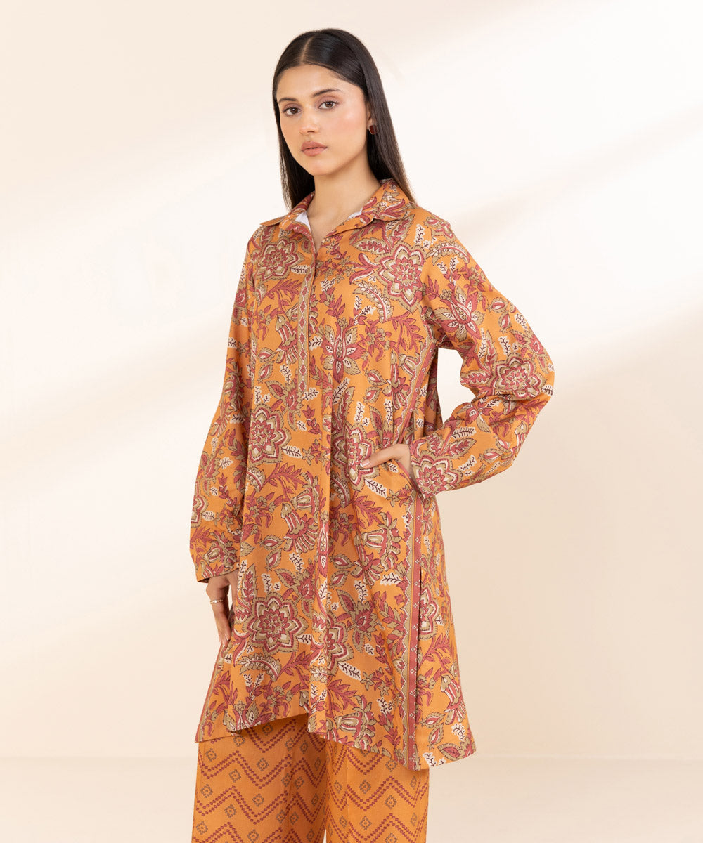 Women's Unstitched Printed Linen Orange 2 Piece Suit