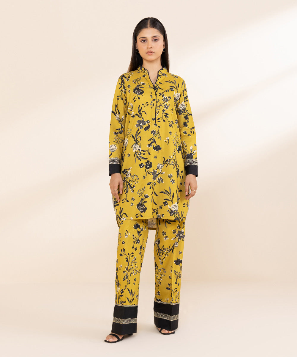 Women's Unstitched Printed Cotton Viscose Yellow 2 Piece Suit