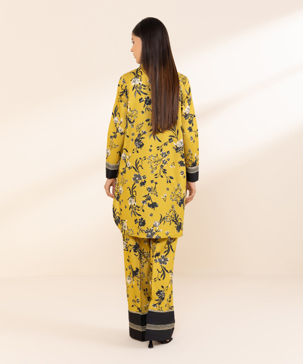 Women's Unstitched Printed Cotton Viscose Yellow 2 Piece Suit