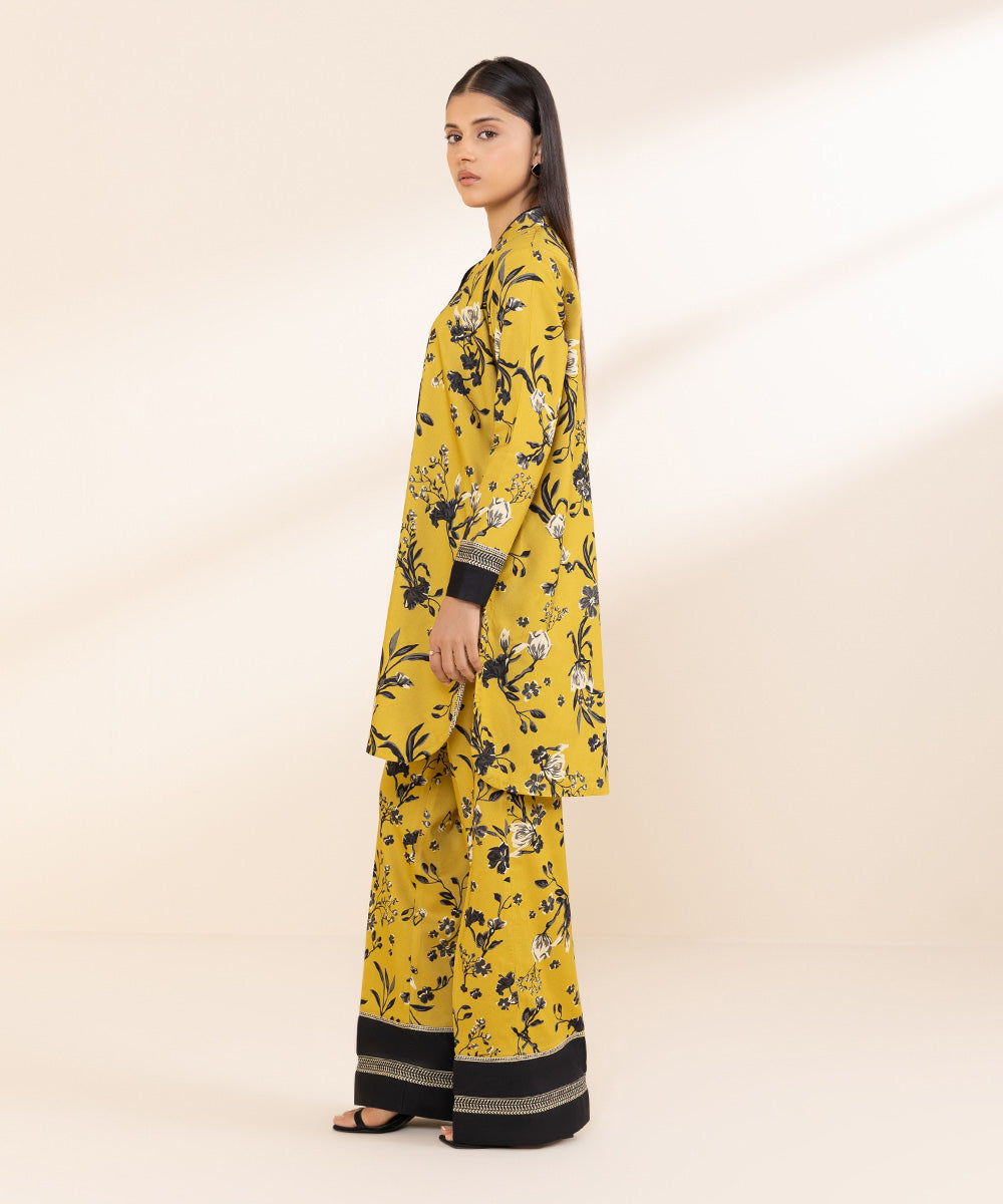 Women's Unstitched Printed Cotton Viscose Yellow 2 Piece Suit