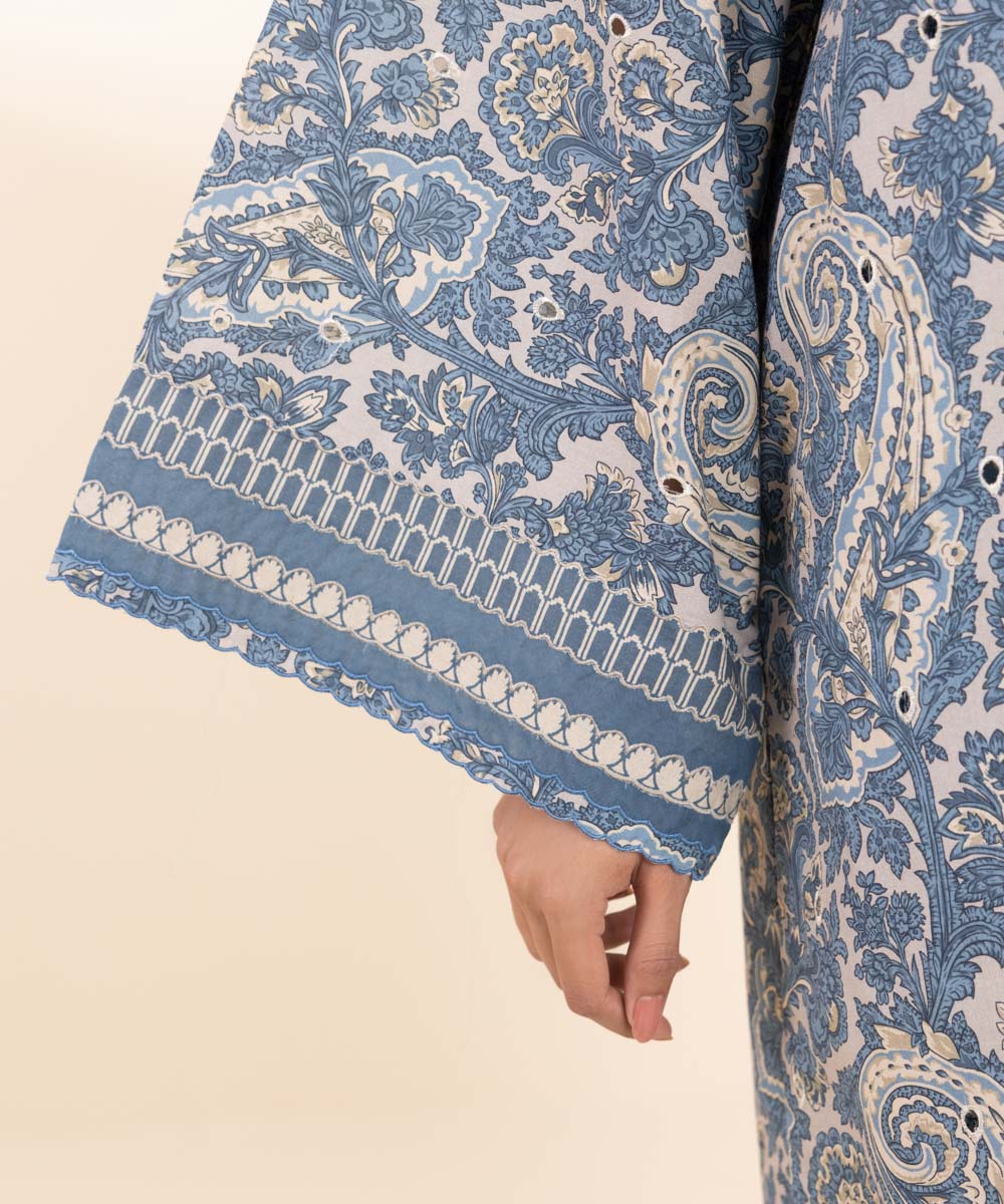 Women's Unstitched Embroidered Shades Of Blue Cambric Shirt and Trousers