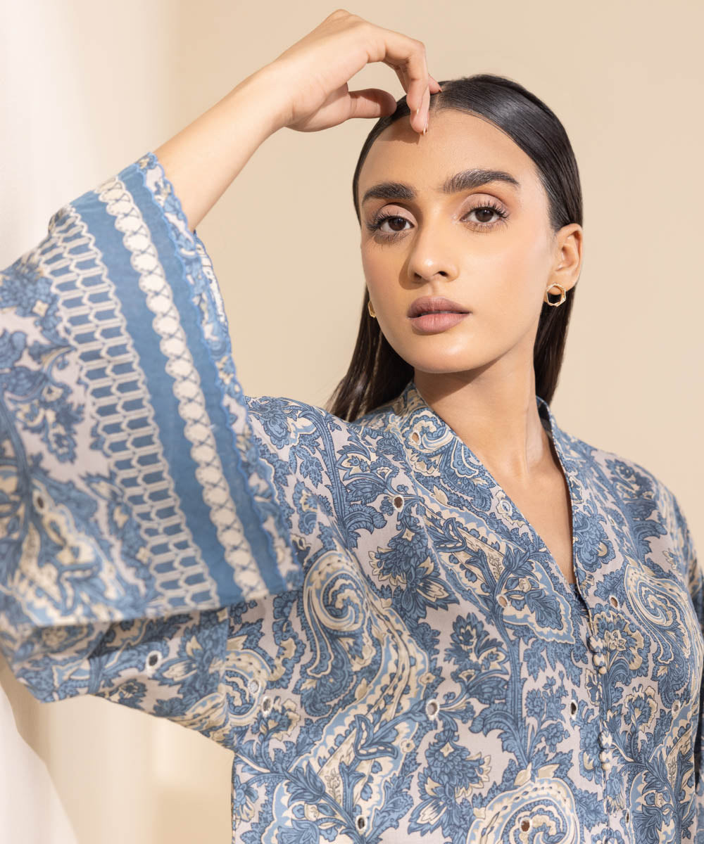 Women's Unstitched Embroidered Shades Of Blue Cambric Shirt and Trousers