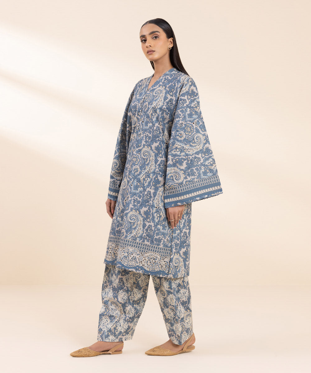 Women's Unstitched Embroidered Shades Of Blue Cambric Shirt and Trousers