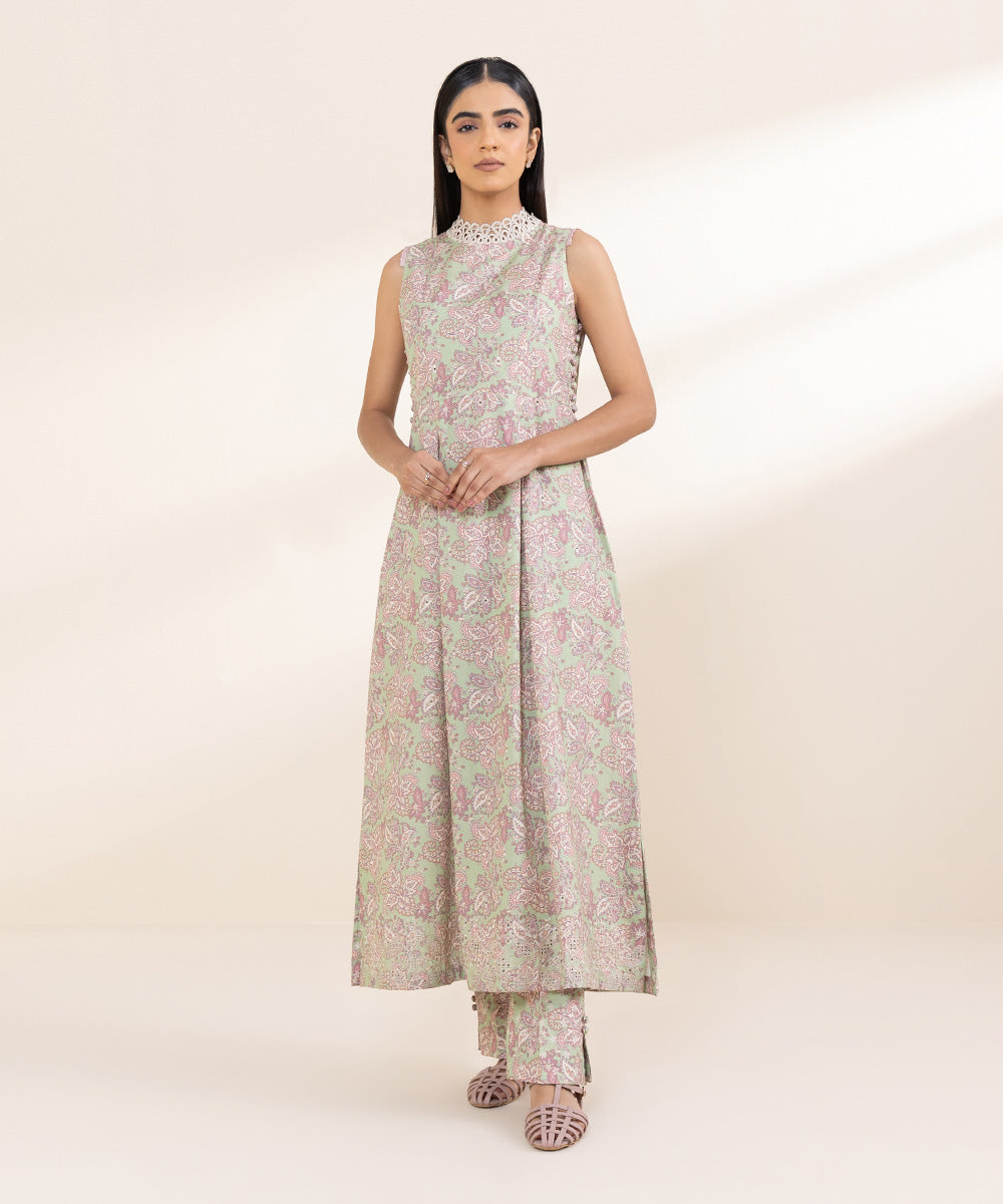 Women's Unstitched Embroidered Tea Green Cambric Shirt and Trousers