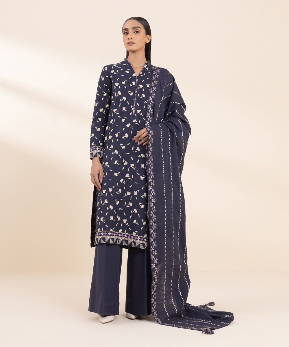 Women's Unstitched Embroidered Greyish Brown Khaddar Shirt and Trousers