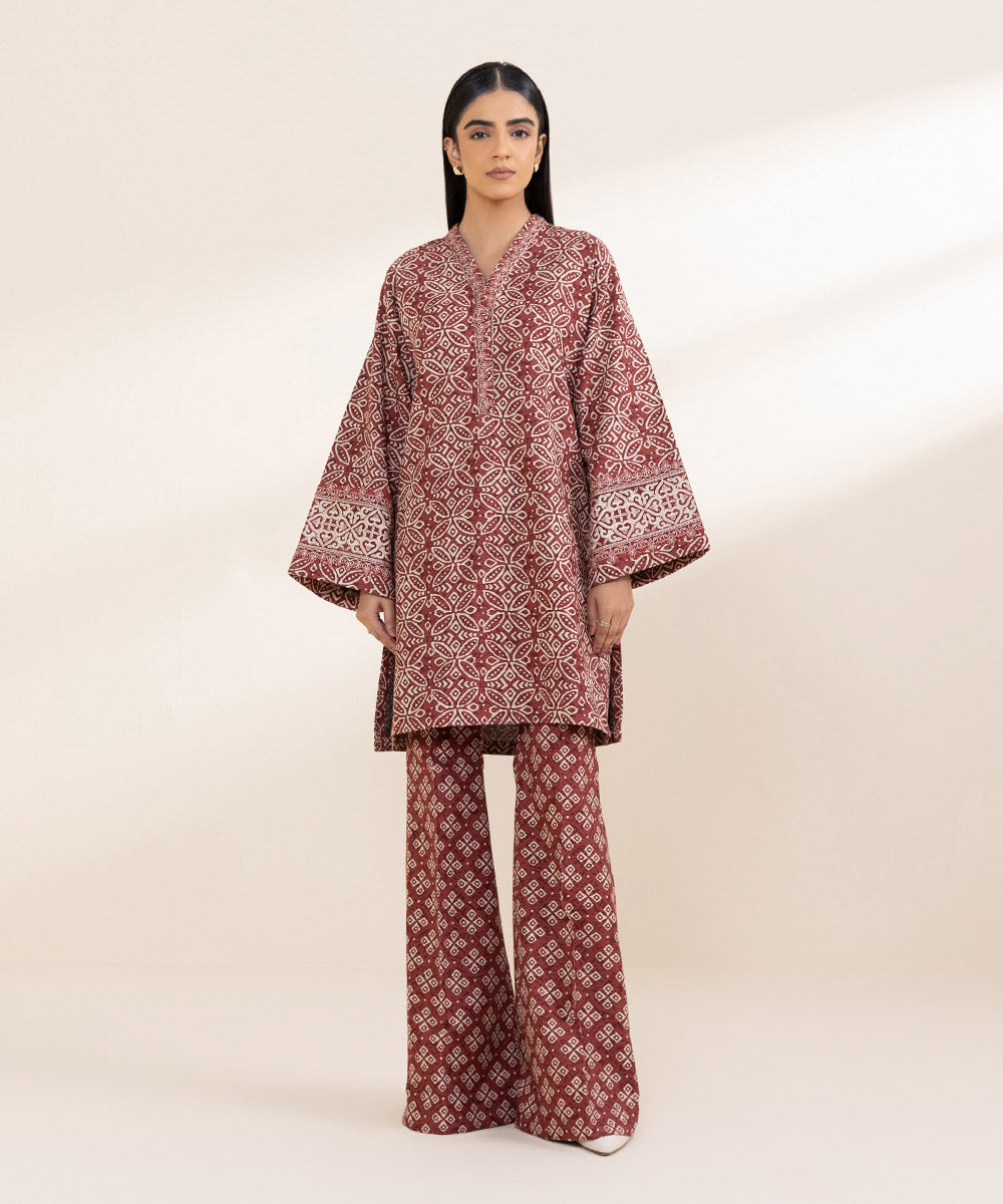 Women's Unstitched Embroidered Brick Red Khaddar Shirt and Trousers