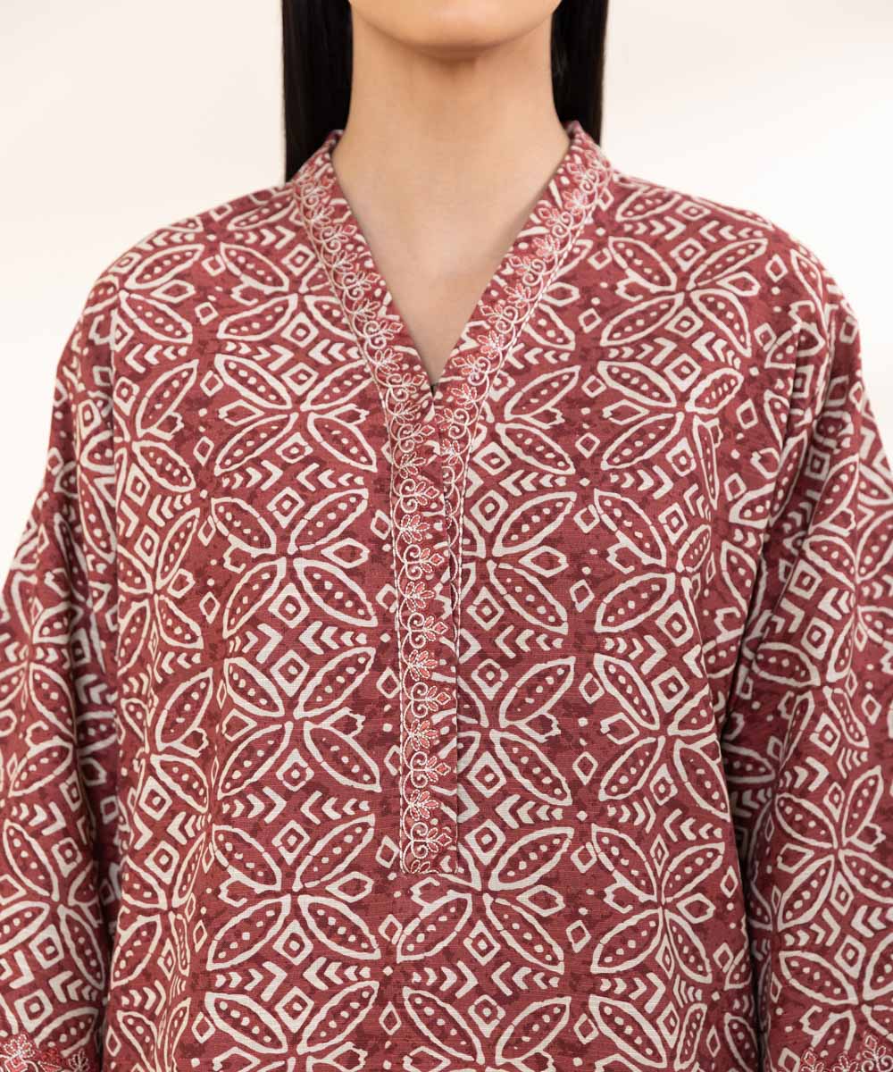 Women's Unstitched Embroidered Brick Red Khaddar Shirt and Trousers