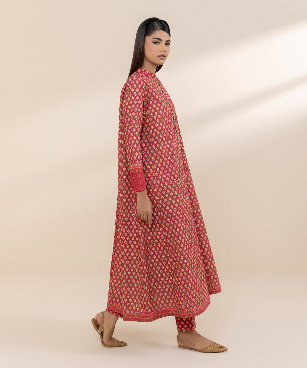 Women's Unstitched Khaddar Red Printed 2 Piece Suit 