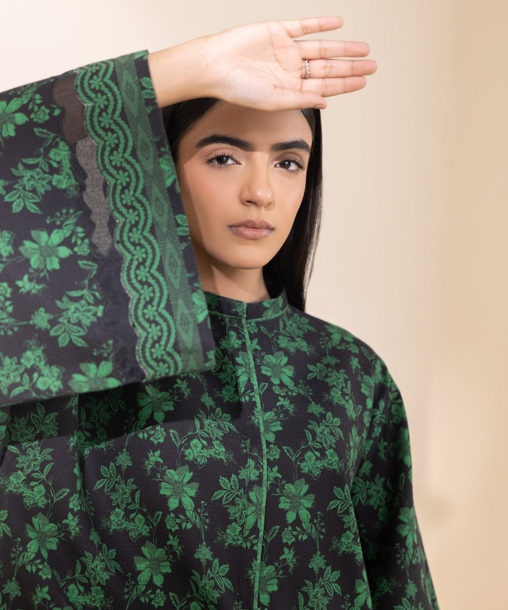 Women's Unstitched Khaddar Printed Green 2 Piece Suit