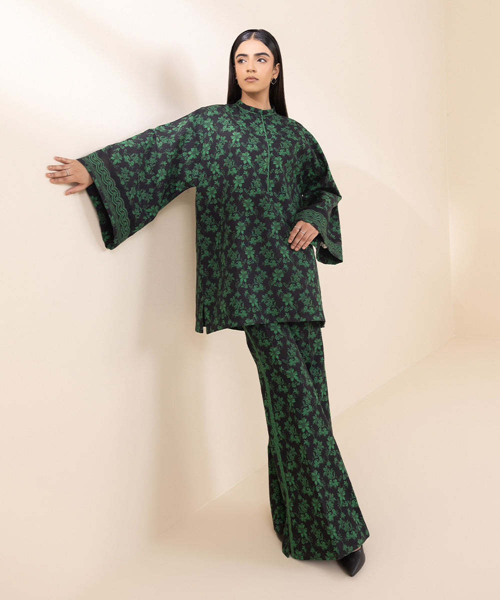 Women's Unstitched Khaddar Printed Green 2 Piece Suit