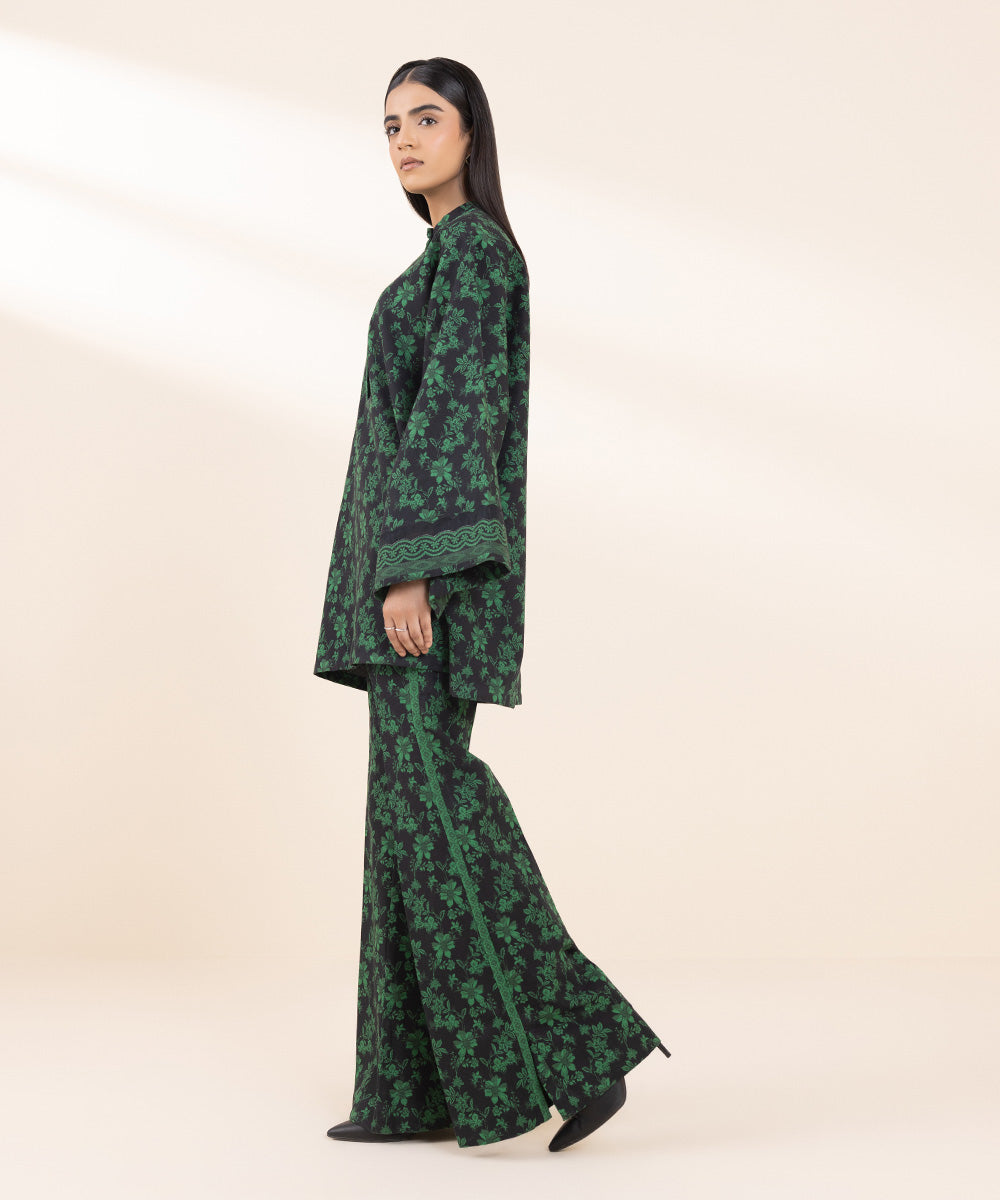 Women's Unstitched Khaddar Printed Green 2 Piece Suit