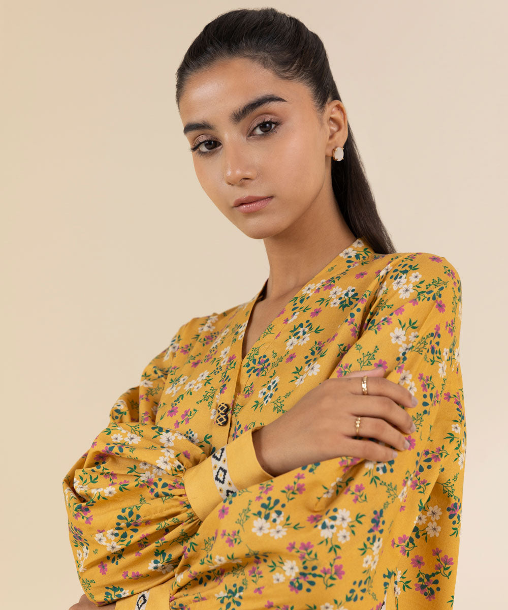 Women's Unstitched Lawn Printed Yellow 2 Piece Suit