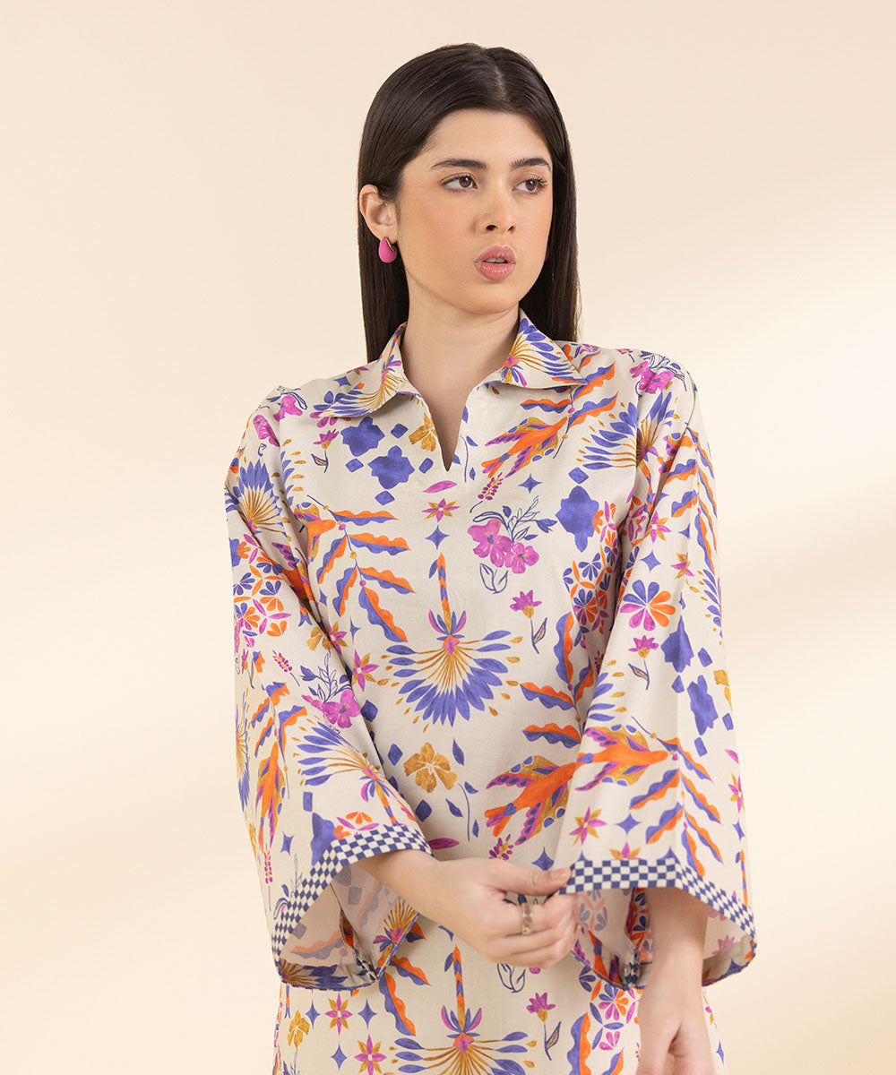 Unstitched Women's Printed Lawn Off White Shirt Trousers