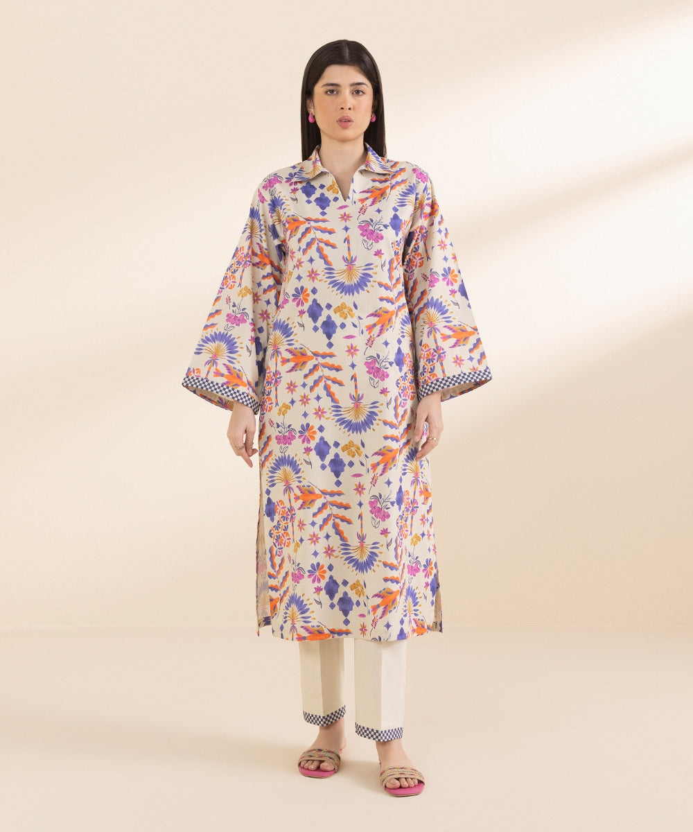 Unstitched Women's Printed Lawn Off White Shirt Trousers