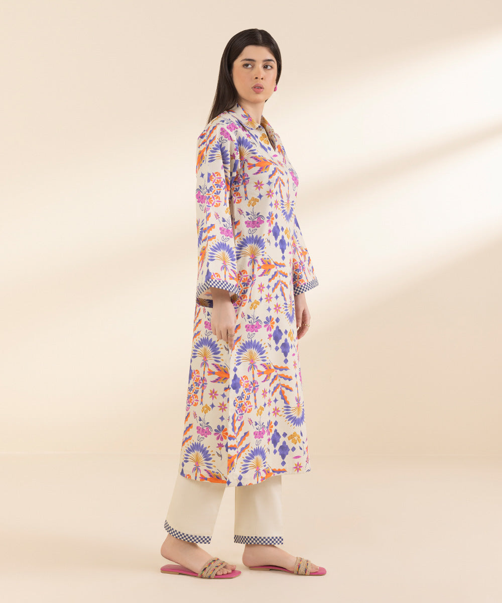 Unstitched Women's Printed Lawn Off White Shirt Trousers