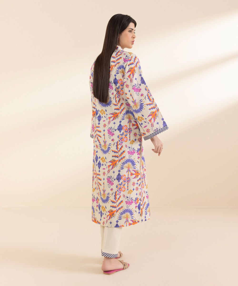 Unstitched Women's Printed Lawn Off White Shirt Trousers