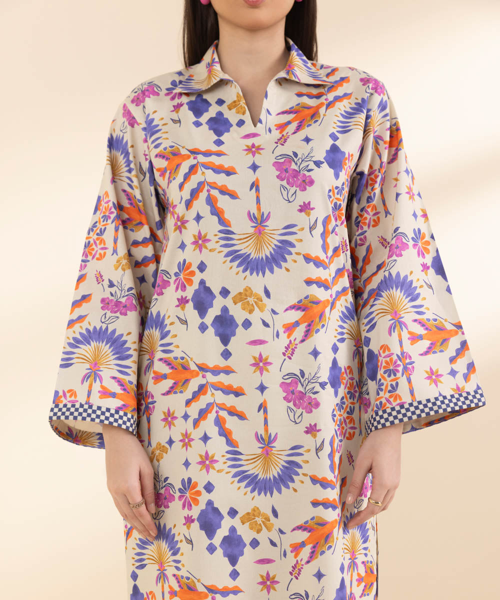 Unstitched Women's Printed Lawn Off White Shirt Trousers