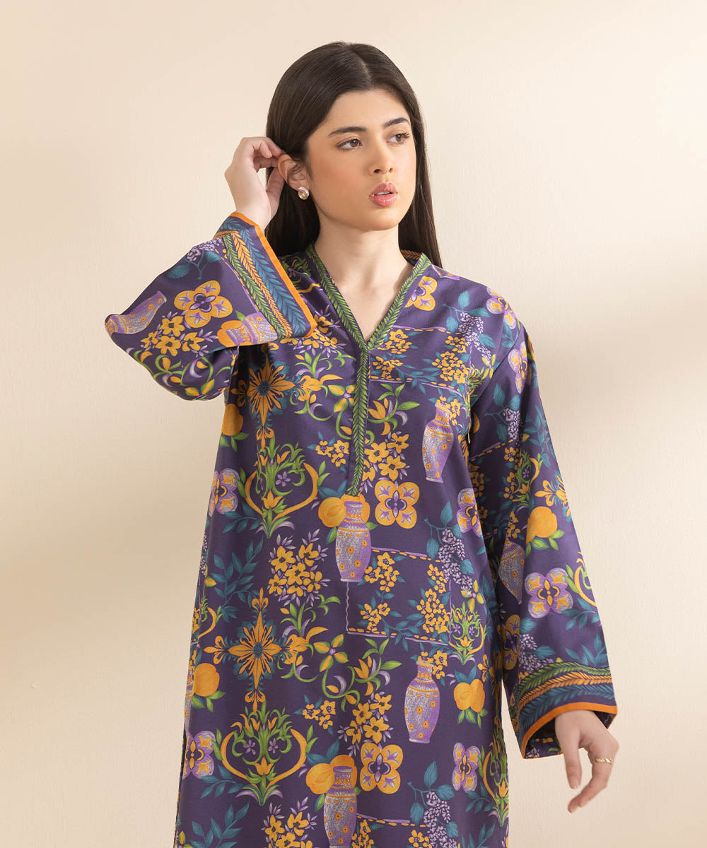 Unstitched Women's Printed Lawn Purple Shirt Trousers