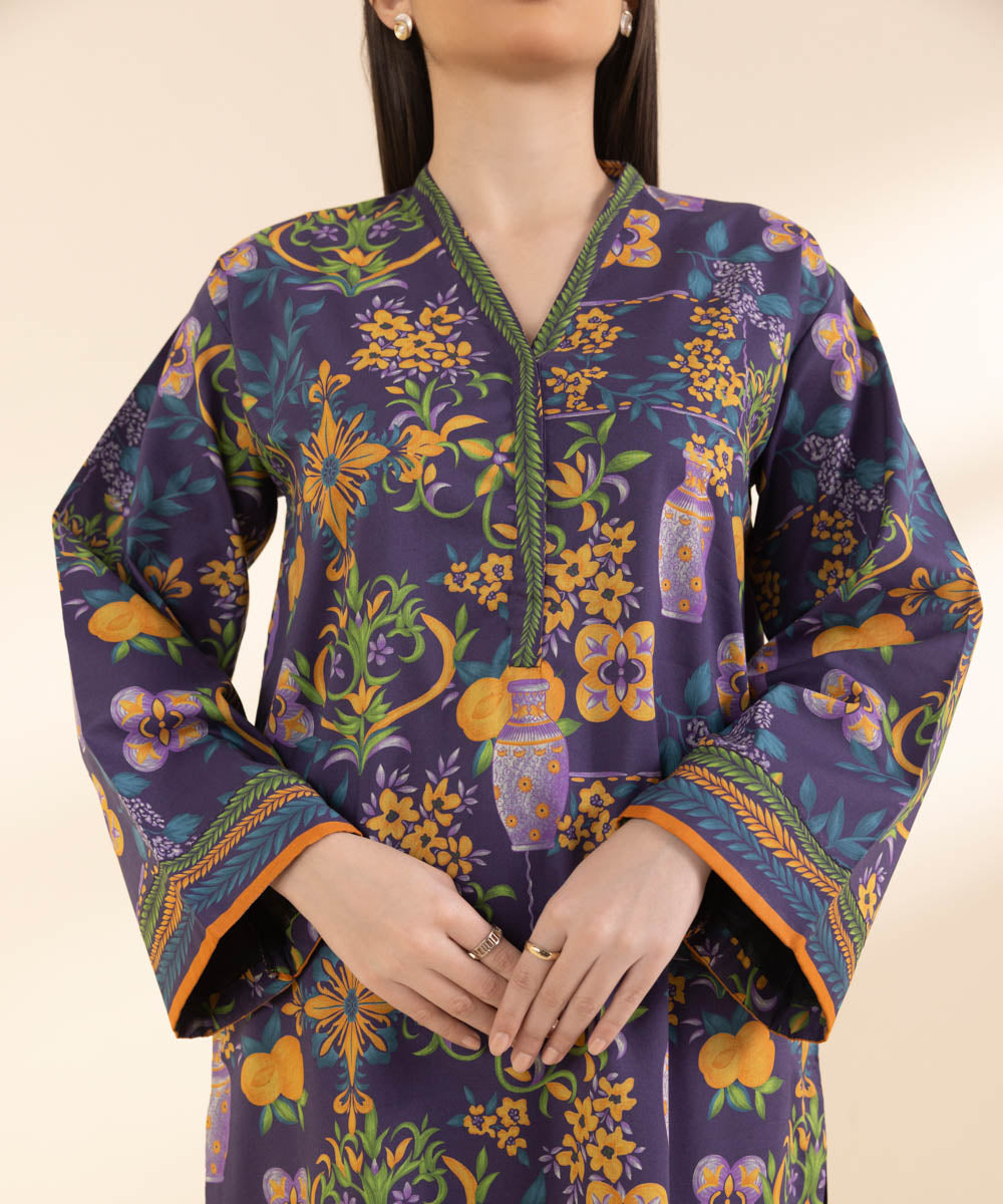 Unstitched Women's Printed Lawn Purple Shirt Trousers