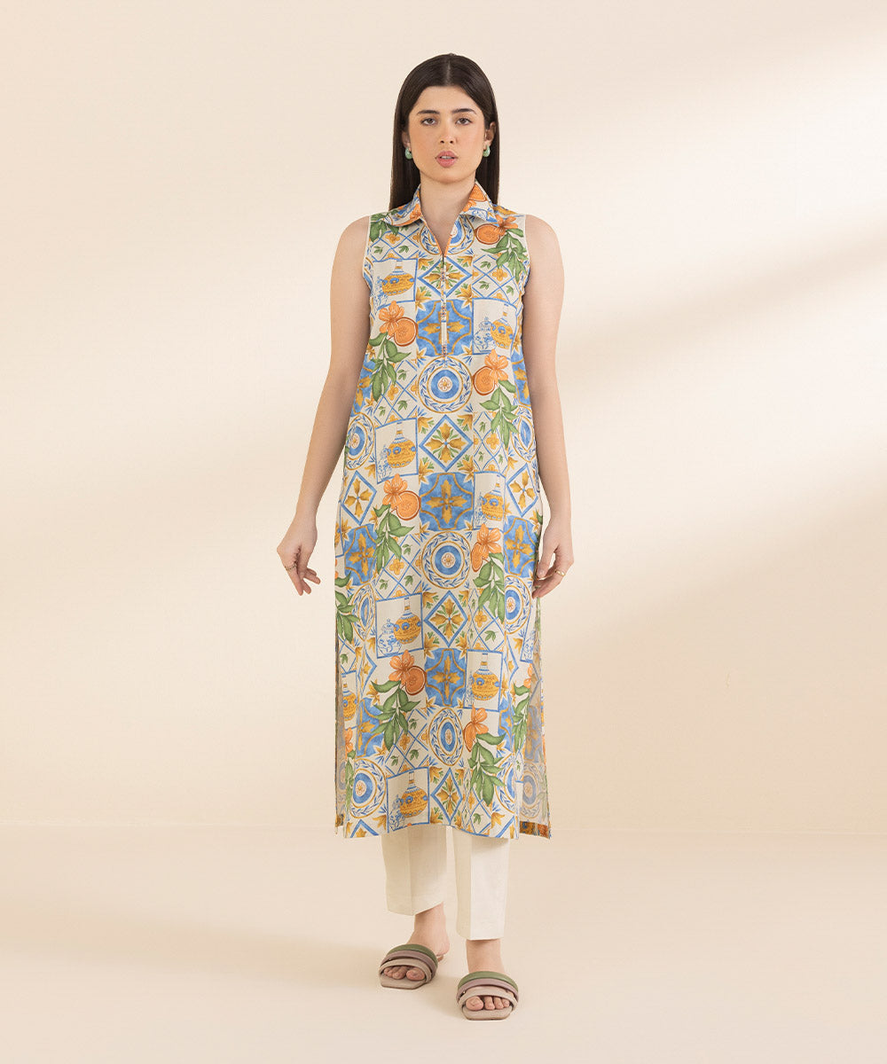 Unstitched Women's Printed Lawn Off White Shirt Trousers