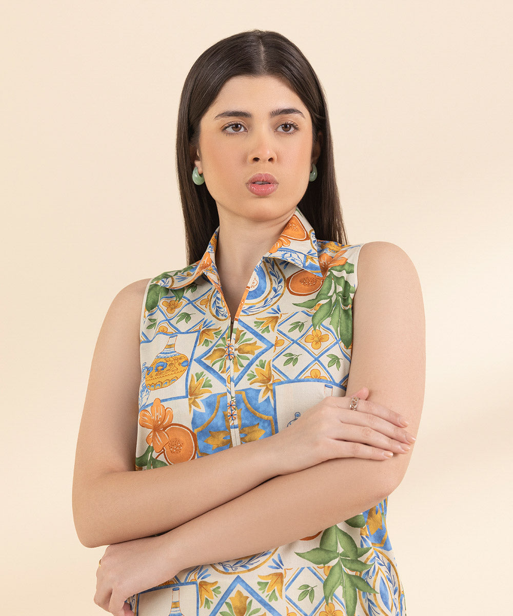 Unstitched Women's Printed Lawn Off White Shirt Trousers
