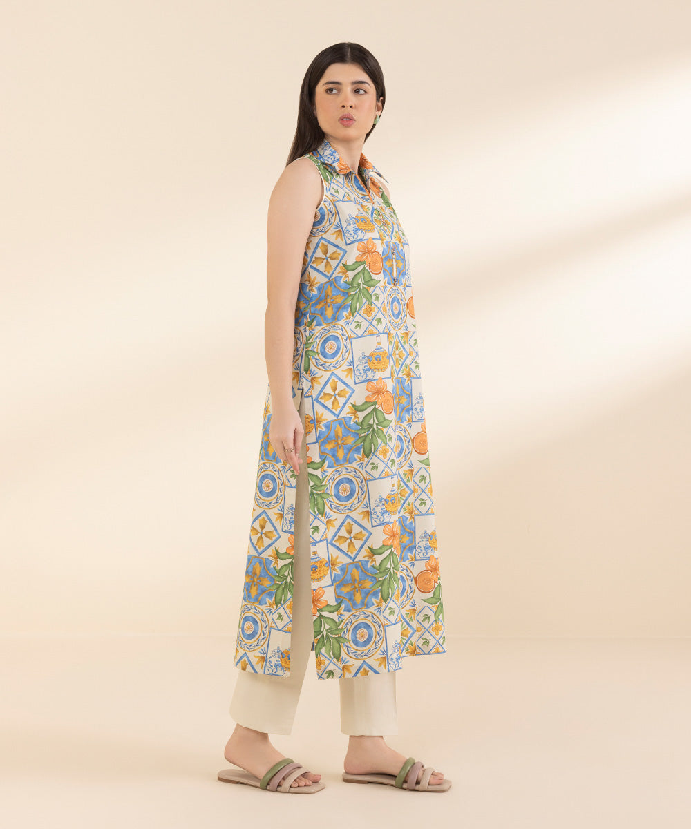 Unstitched Women's Printed Lawn Off White Shirt Trousers