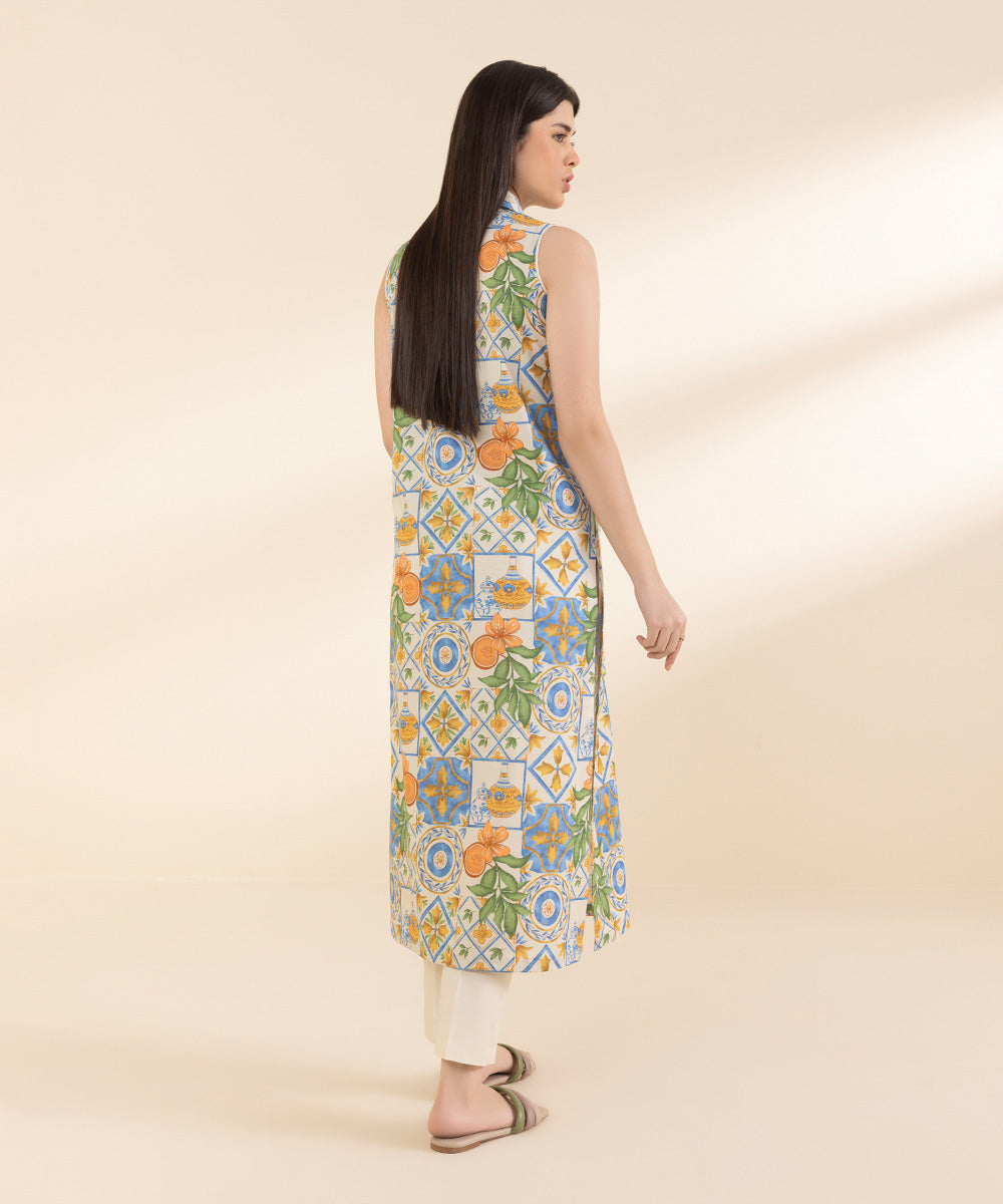 Unstitched Women's Printed Lawn Off White Shirt Trousers