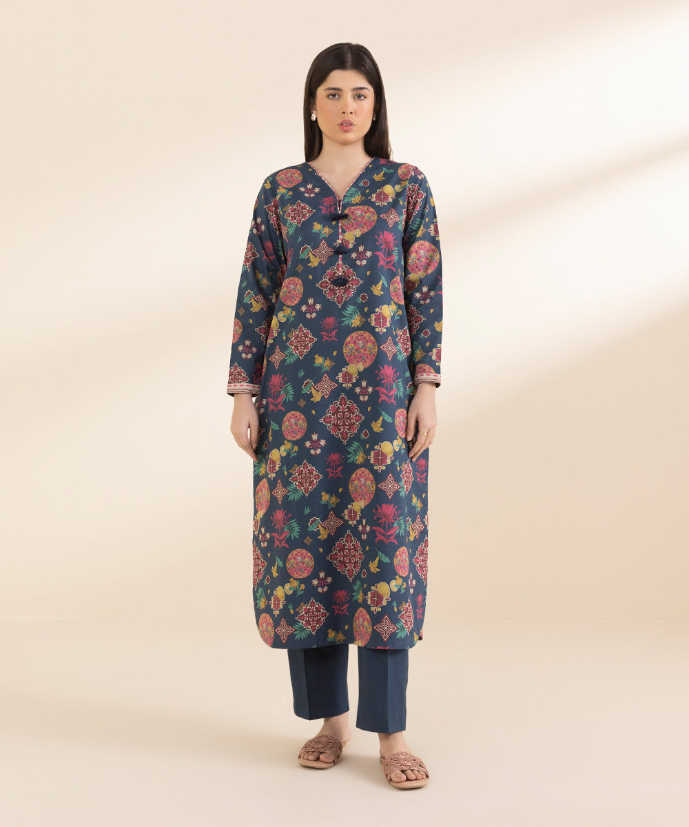Unstitched Women's Printed Lawn Blue Shirt Trousers