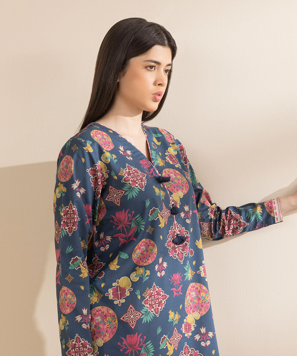 Unstitched Women's Printed Lawn Blue Shirt Trousers