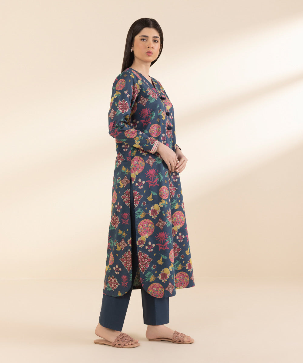 Unstitched Women's Printed Lawn Blue Shirt Trousers
