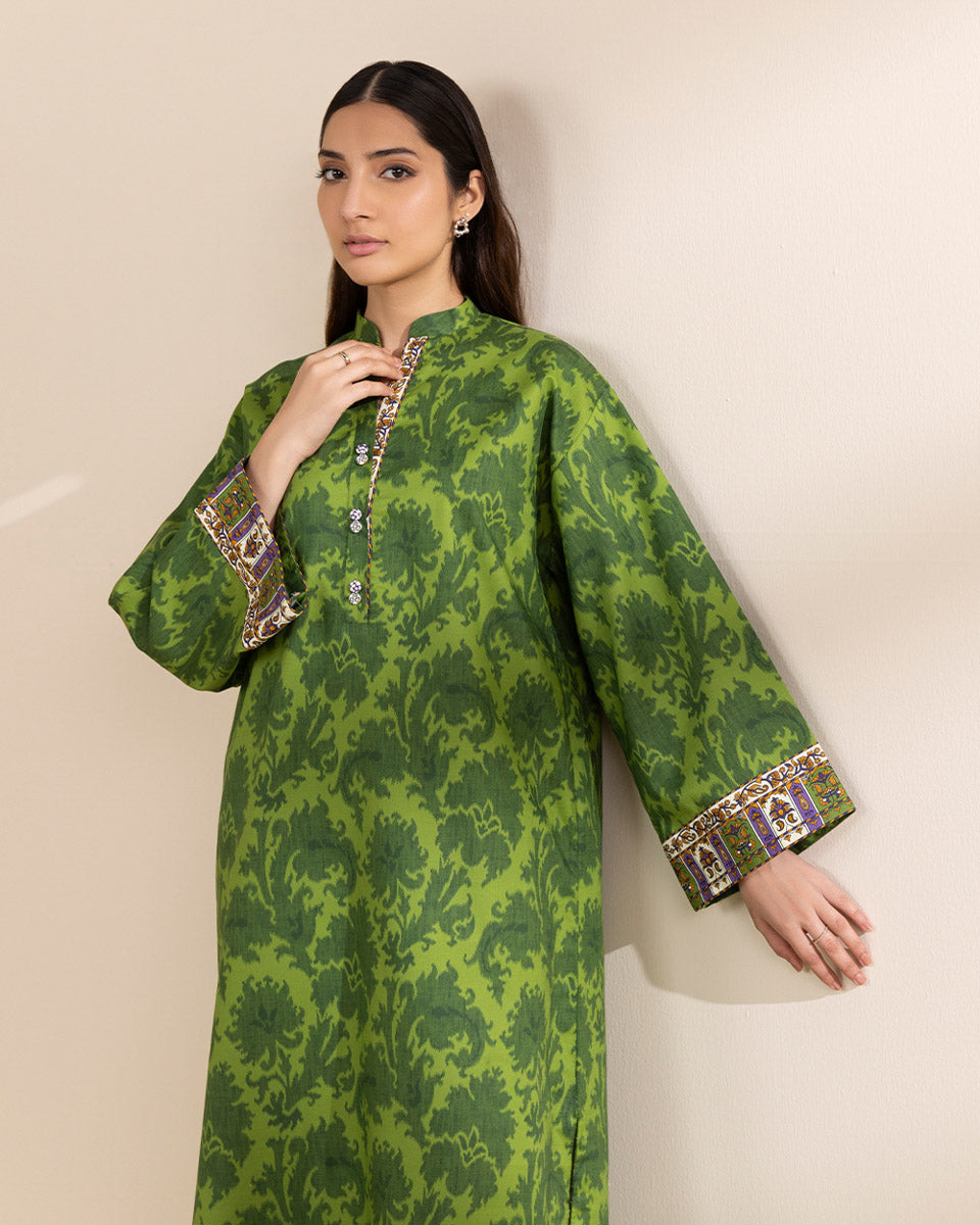 Unstitched Women's Green Lawn Printed Shirt Trousers