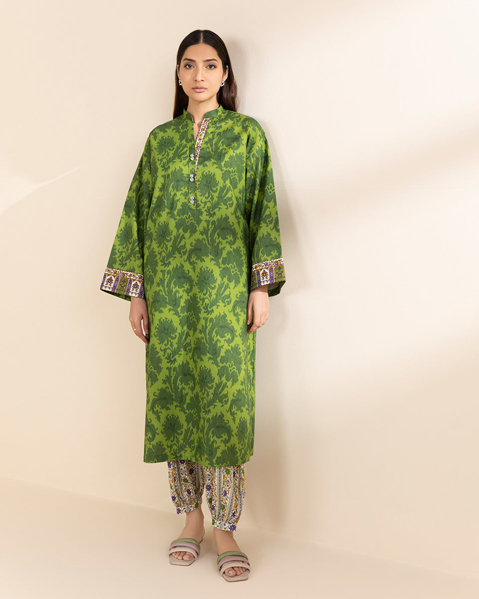 Unstitched Women's Green Lawn Printed Shirt Trousers