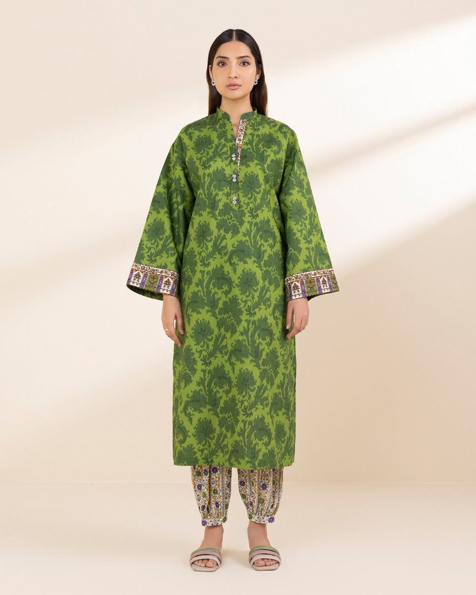 Unstitched Women's Green Lawn Printed Shirt Trousers
