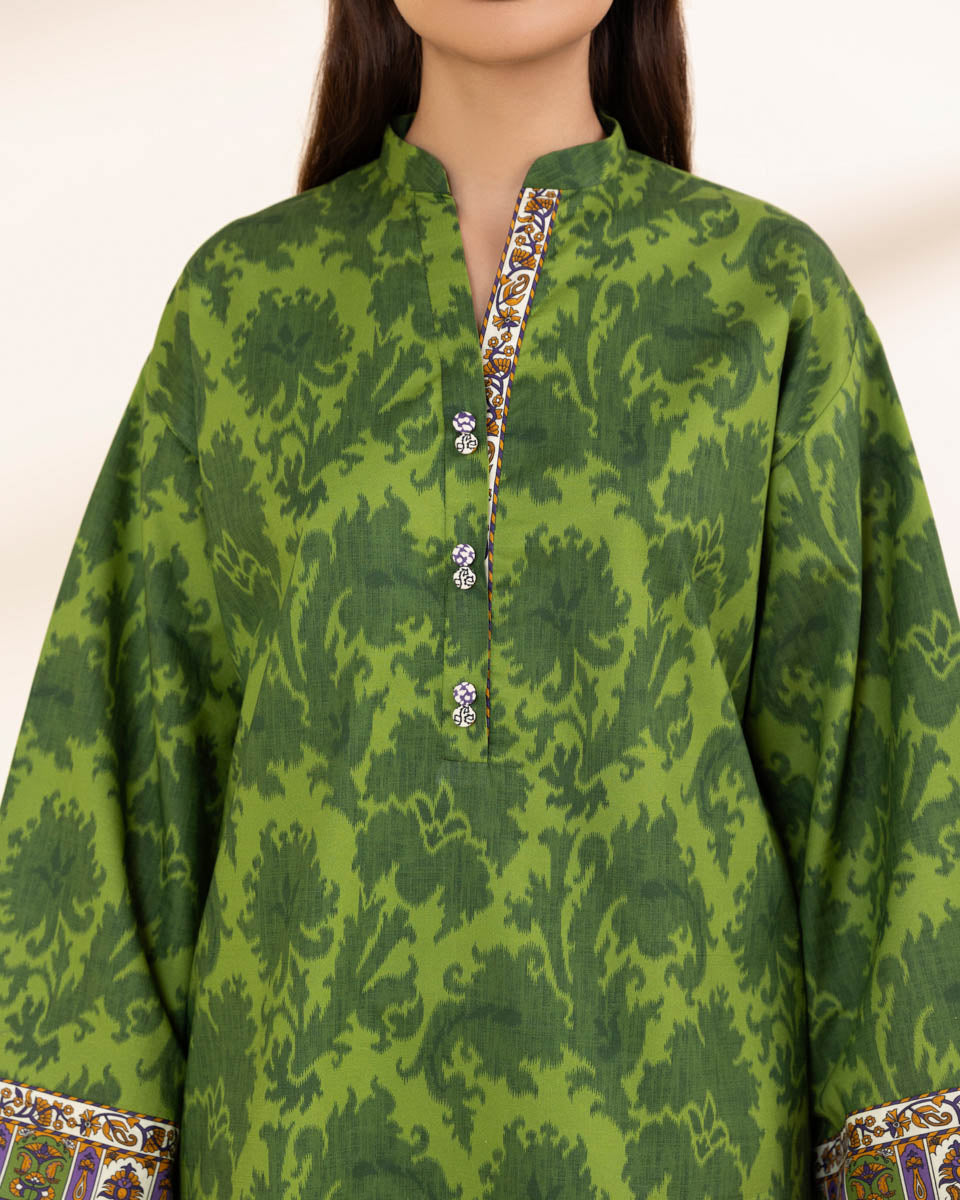 Unstitched Women's Green Lawn Printed Shirt Trousers