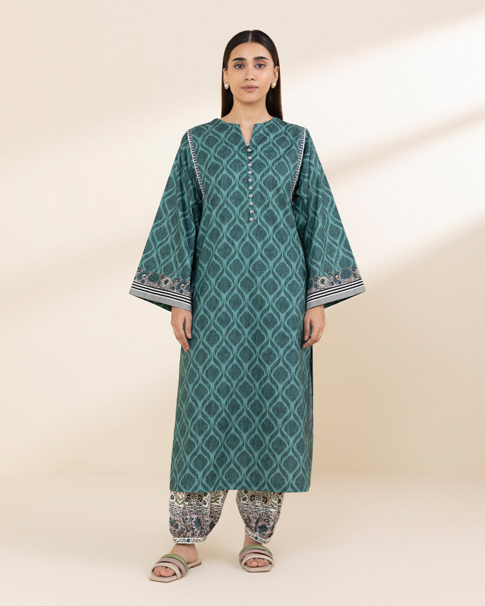 Unstitched Women's Green Lawn Printed Shirt Trousers