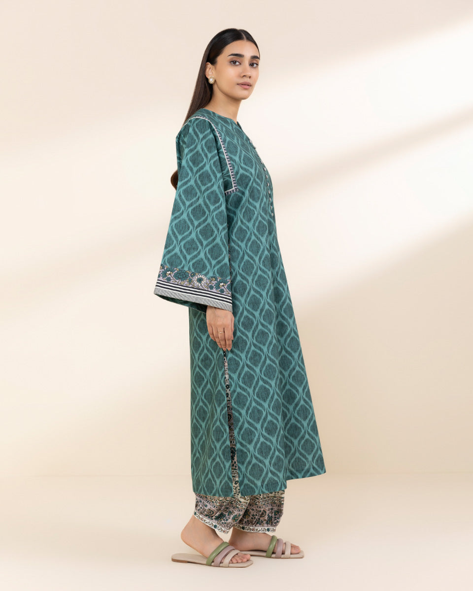 Unstitched Women's Green Lawn Printed Shirt Trousers