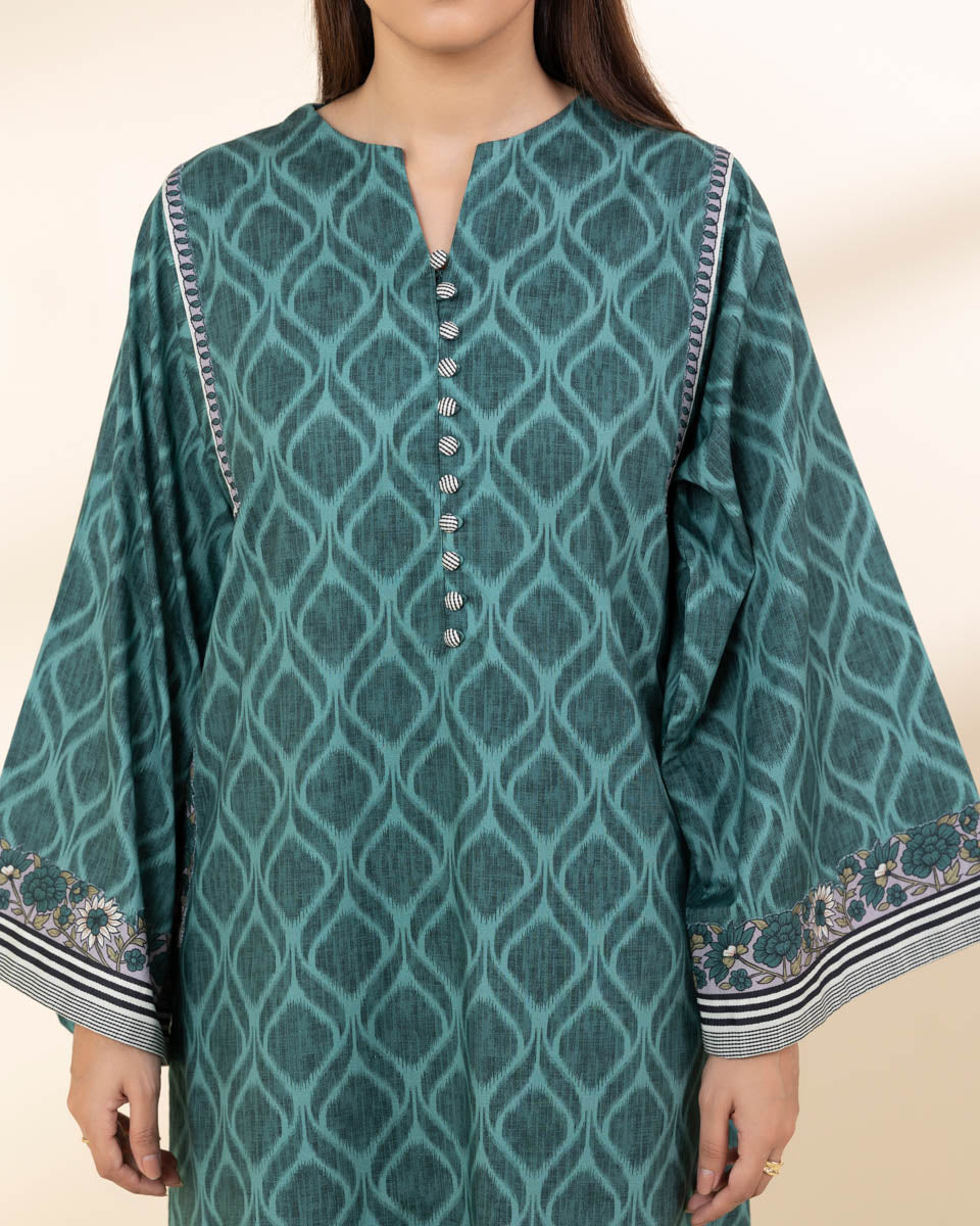 Unstitched Women's Green Lawn Printed Shirt Trousers