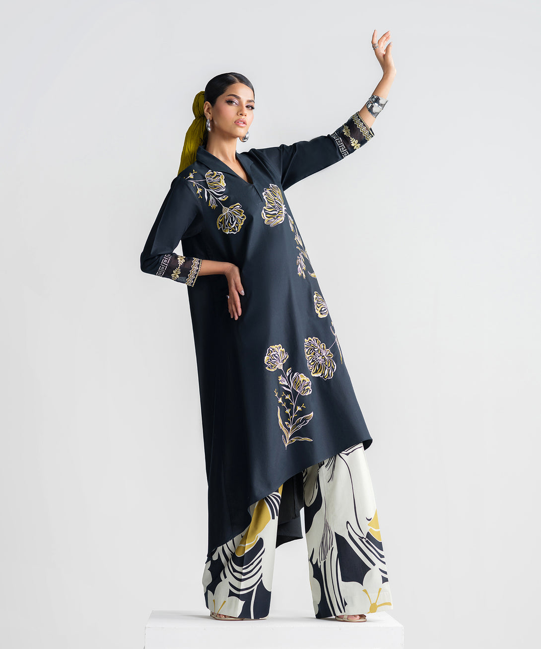 Women's Unstitched Cotton Embroidered Black 2 Piece Suit