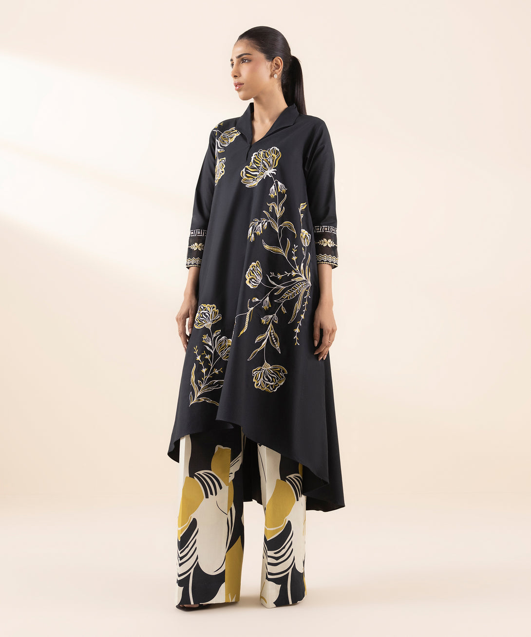 Women's Unstitched Cotton Embroidered Black 2 Piece Suit