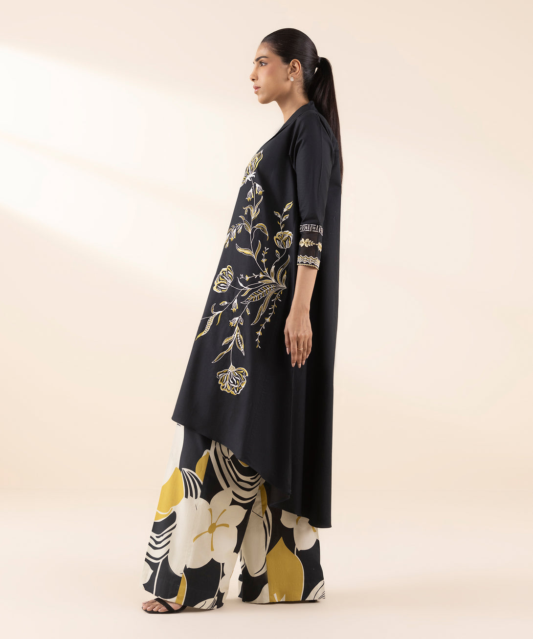 Women's Unstitched Cotton Embroidered Black 2 Piece Suit