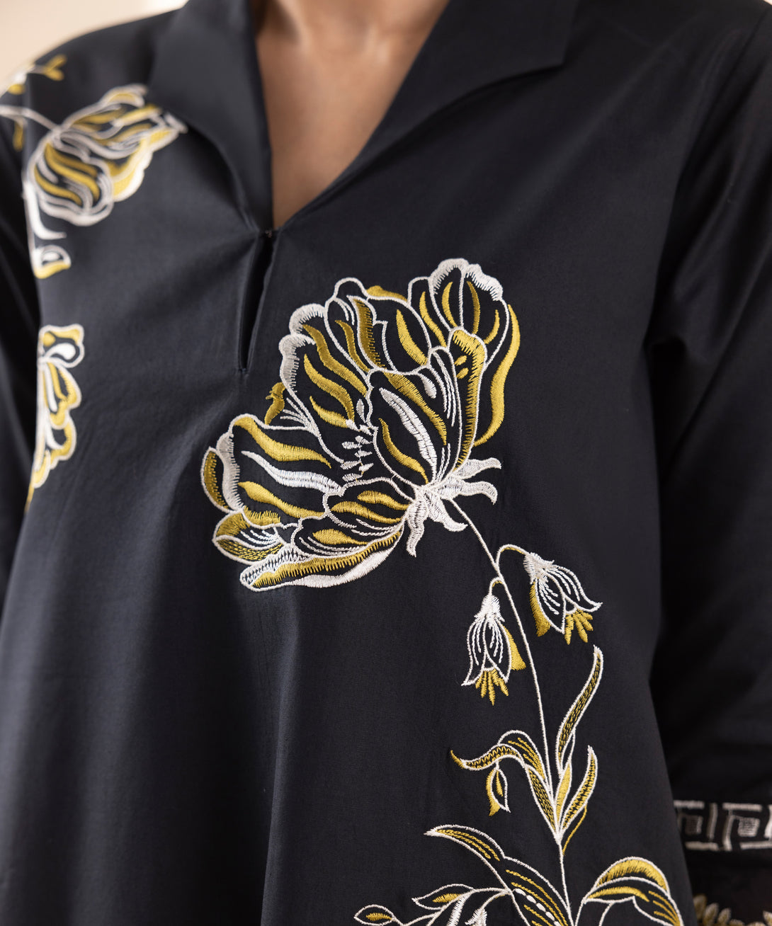 Women's Unstitched Cotton Embroidered Black 2 Piece Suit