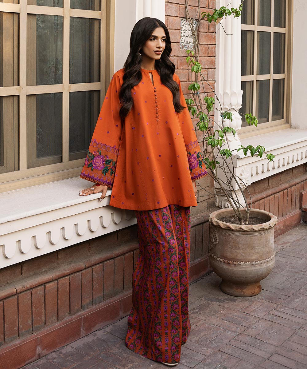 Women's Unstitched Lawn Embroidered orange 2 Piece Suit