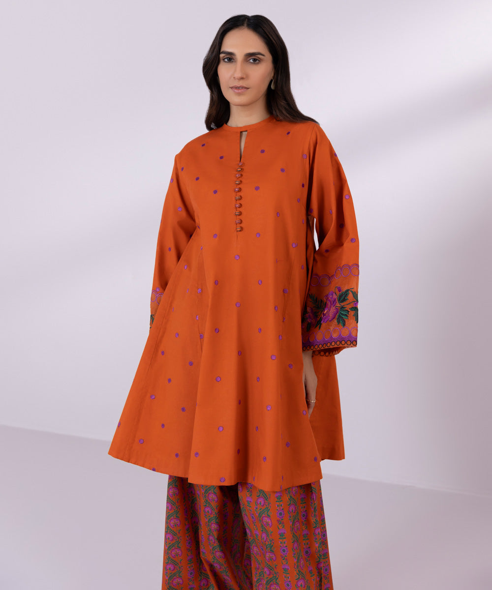 Women's Unstitched Lawn Embroidered orange 2 Piece Suit