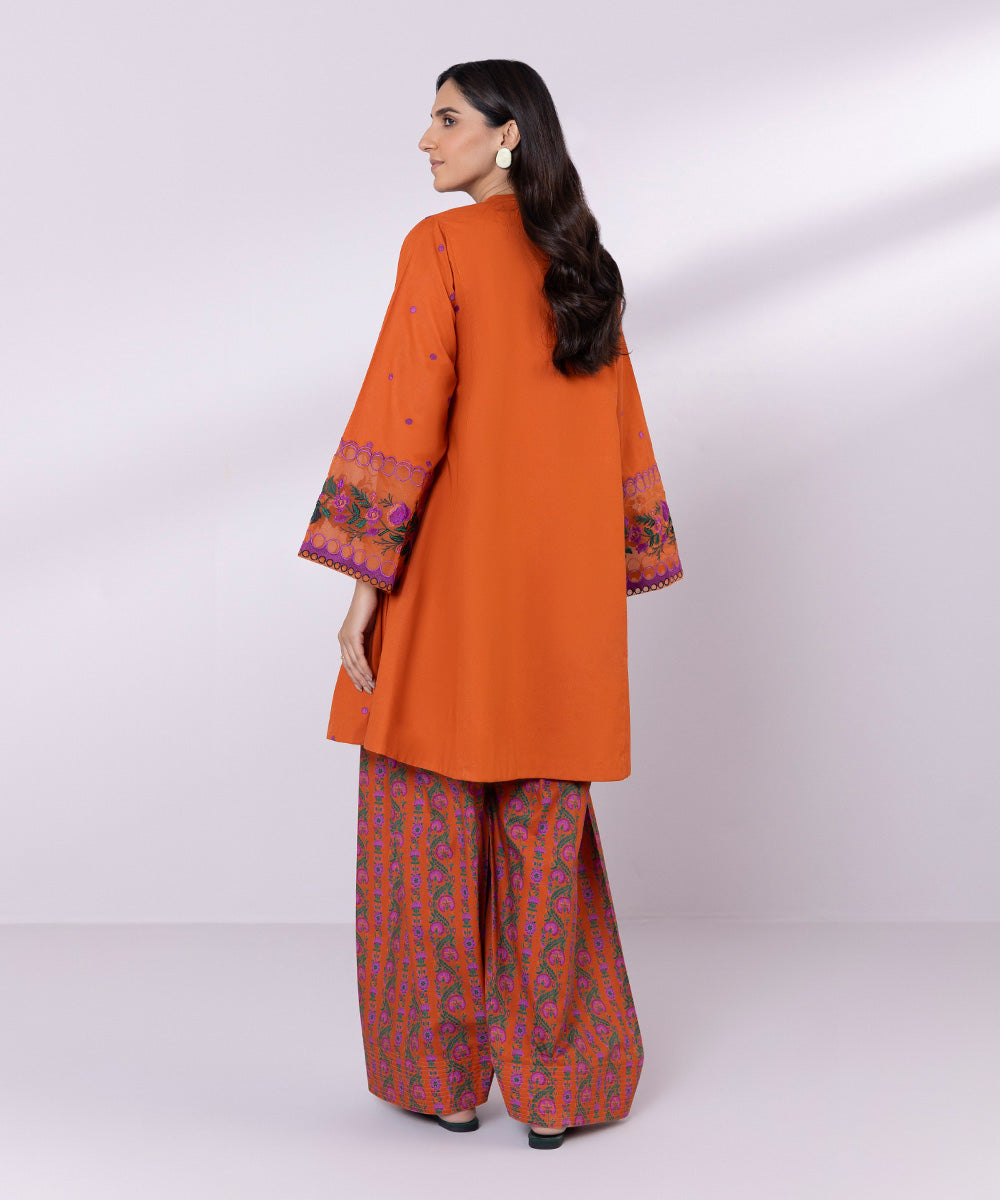 Women's Unstitched Lawn Embroidered orange 2 Piece Suit