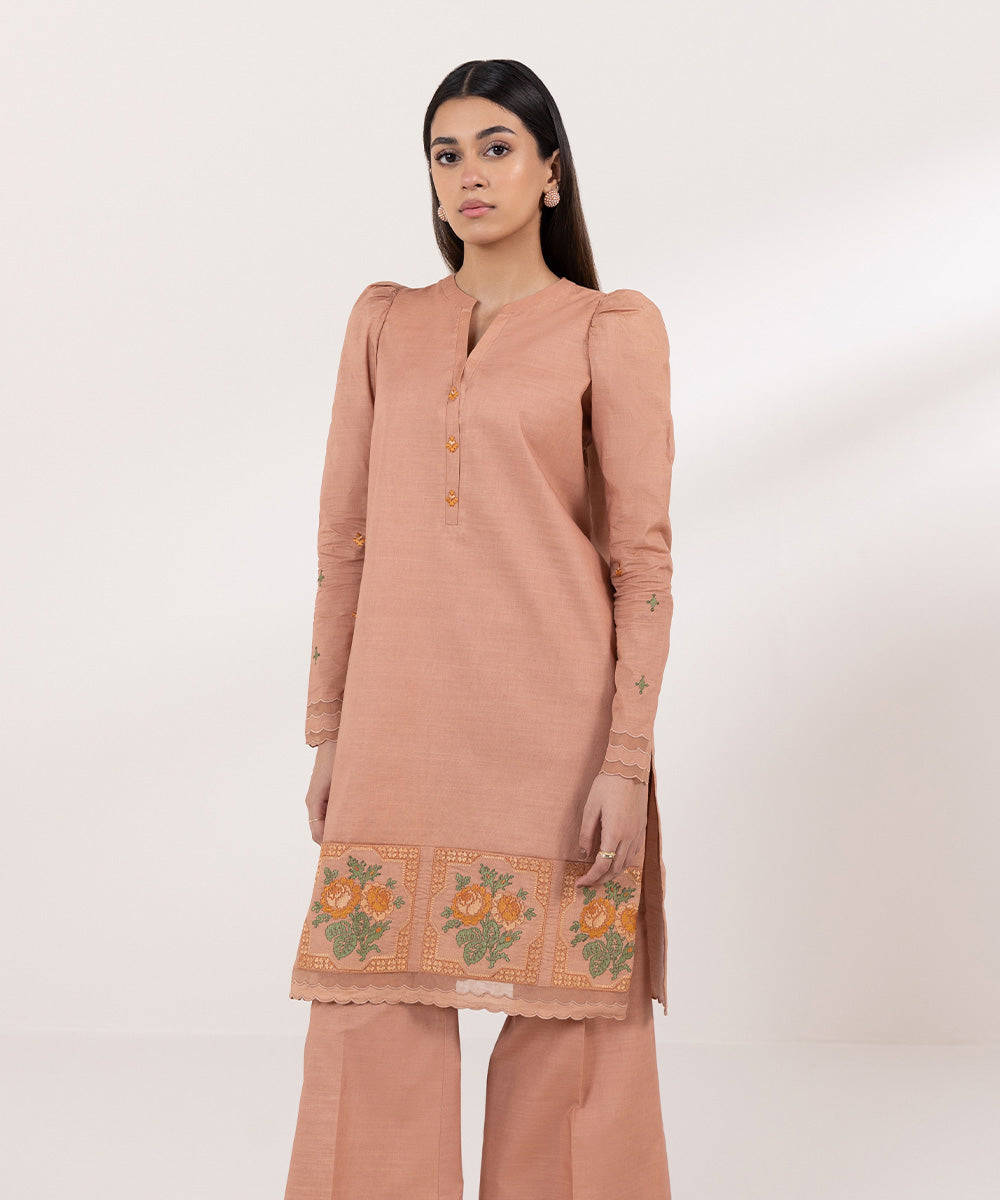 Women's Unstitched Slub Cambric Embroidered Pink 2 Piece Suit