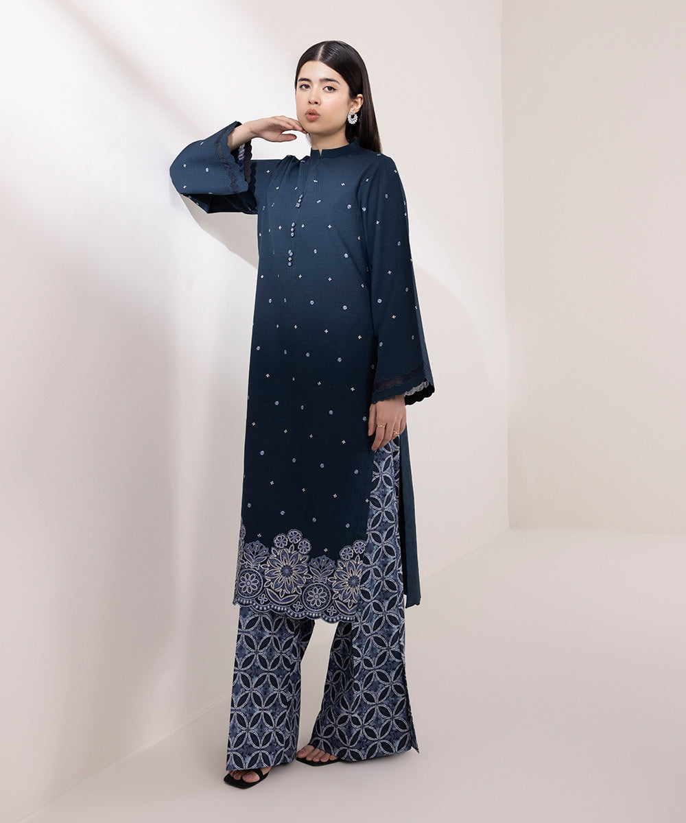 Women's Unstitched Dobby Embroidered Blue 2 Piece Suit