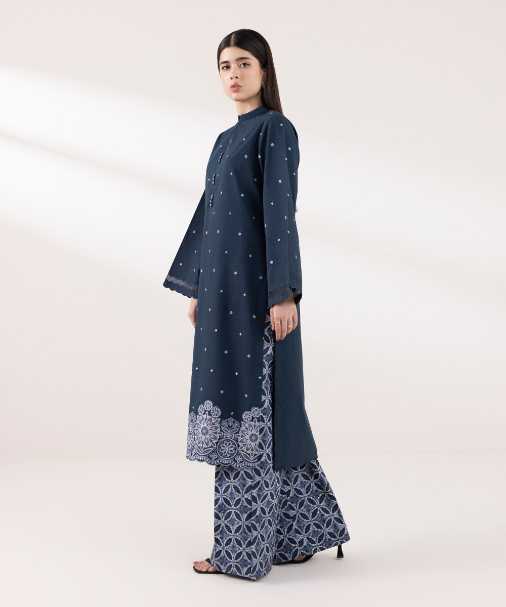 Women's Unstitched Dobby Embroidered Blue 2 Piece Suit