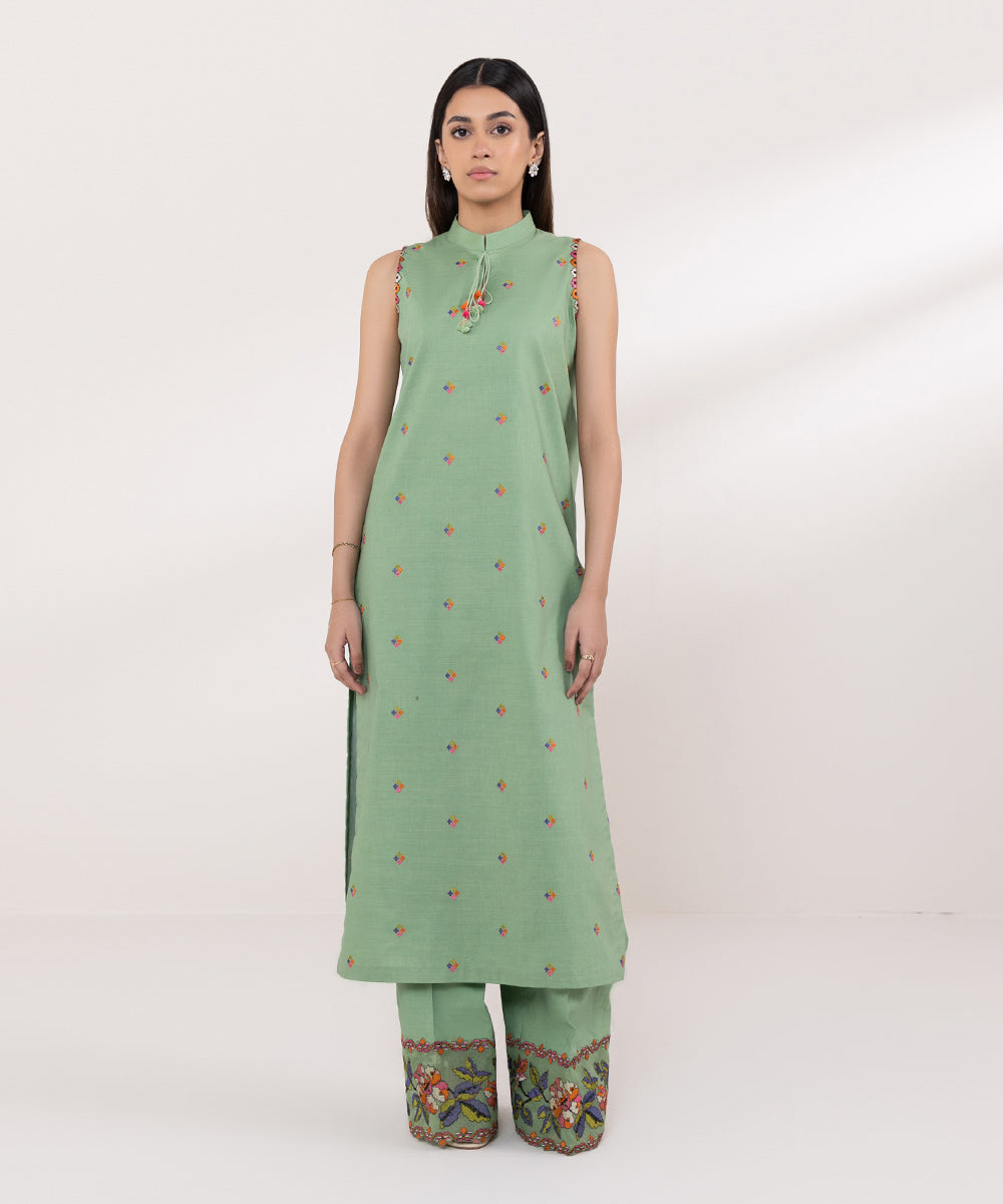 Women's Unstitched Slub Cambric Embroidered Green 2 Piece Suit