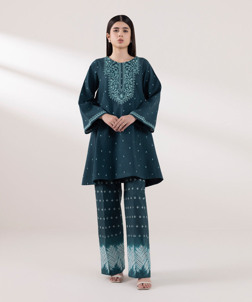 Women's Unstitched Dobby Embroidered Green 2 Piece Suit